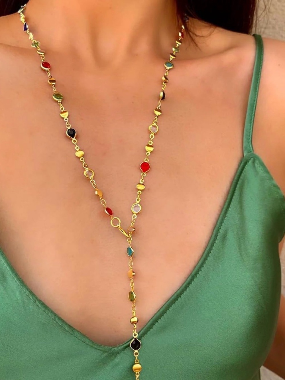 Gold Multicolor Lariat Necklace - Women Jewelry.